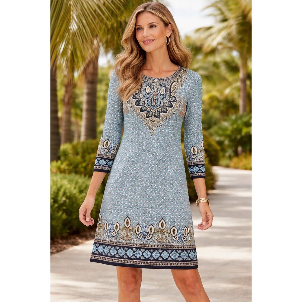 Chico's Powder Blue Paisley-Print Midi Shift Dress